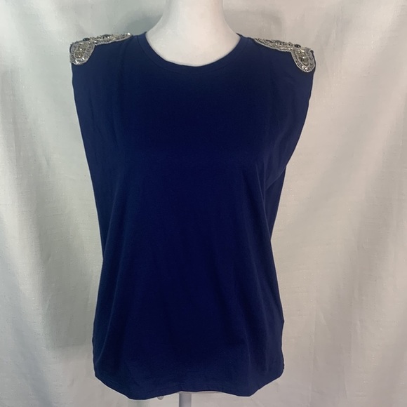 Express Navy Embellished Padded Shoulder Crew Neck Tee- NWT - Picture 7 of 14
